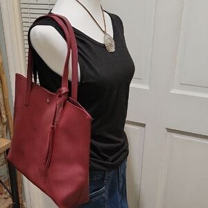 Burgundy Tote Bag With Tassel, Medium Size Carry-All Handbag